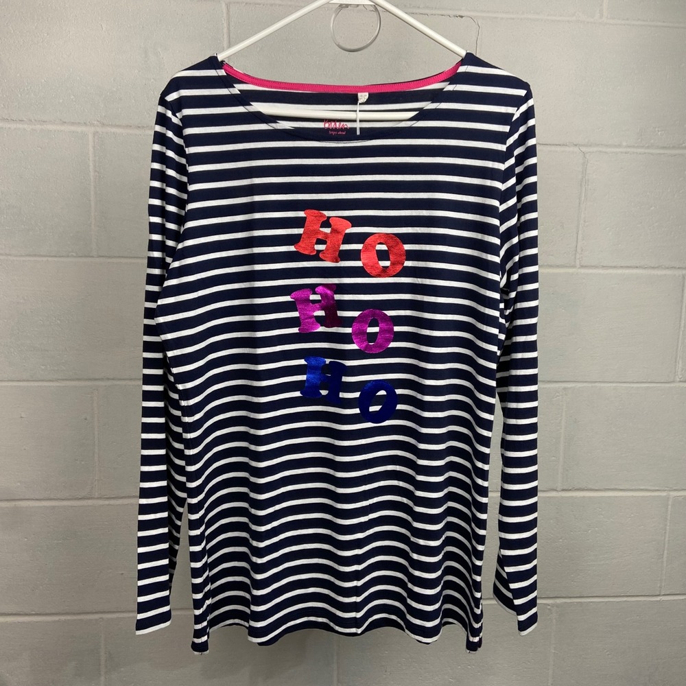 Boden Striped Long Sleeve Top Metallic HoHo‎ Holiday Tee Shirt US 14